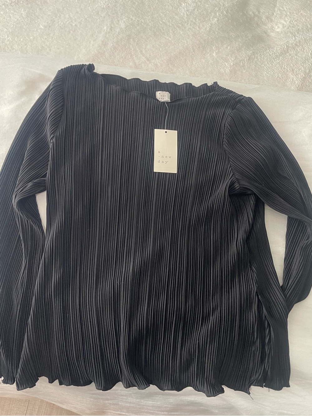 a new day Black Pleated Long-Sleeve Ruffle Neck Top